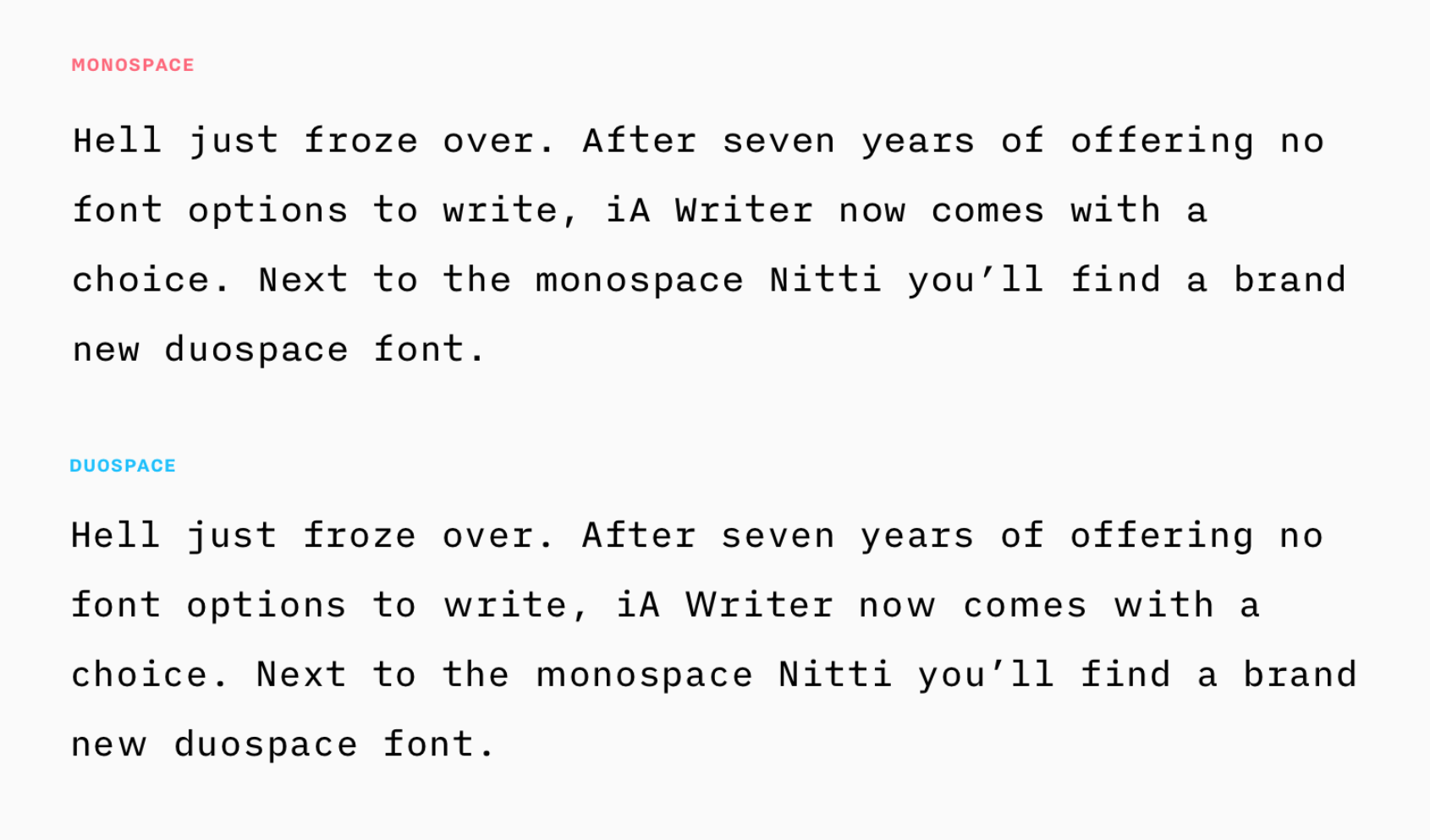 iA Duospace vs Monospace fonts